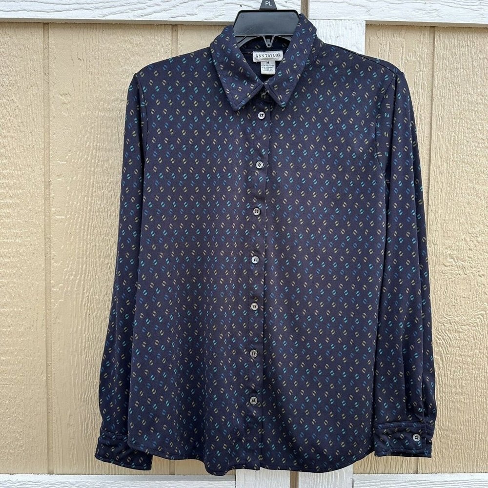 Vintage Ann Taylor Navy Blue Polyester Spandex Button Collar Shirt Size Medium